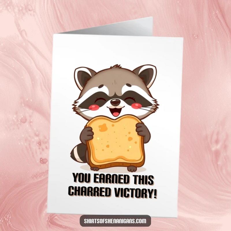 Funny Free Printable Congrats Card: Delighted raccoon proudly displays a burnt slice of toast, a symbol of hard-won success.
