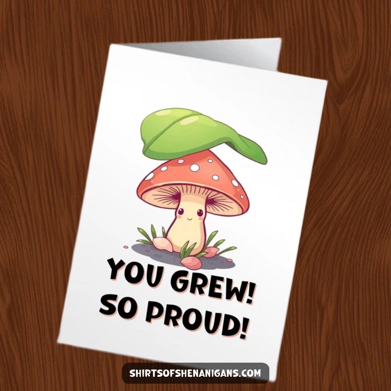 Funny Free Printable Congratulations Card with a shy mushroom peeking from under a leaf, wishing congrats awkwardly.