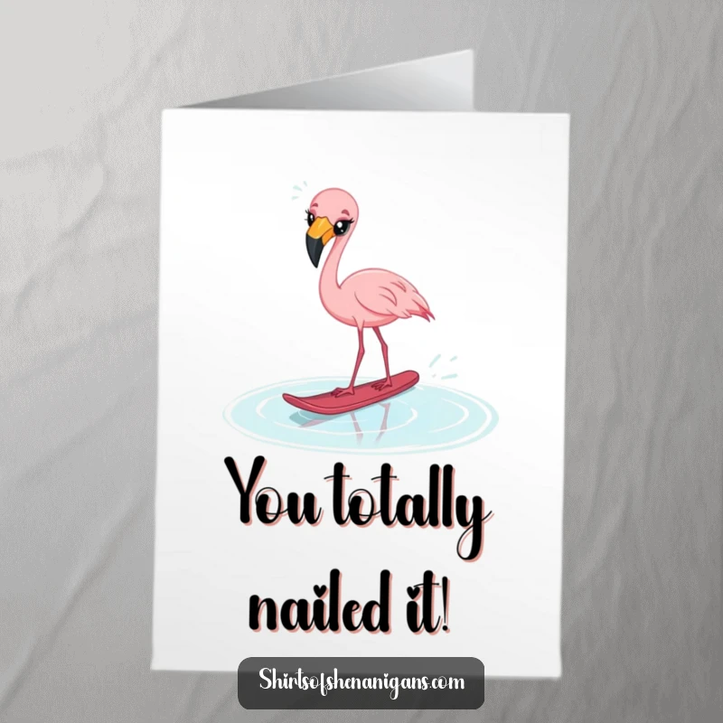 Free Printable Congratulations Card: Startled flamingo with crossed eyes attempting water ski on a puddle, funny congrats, DIY.