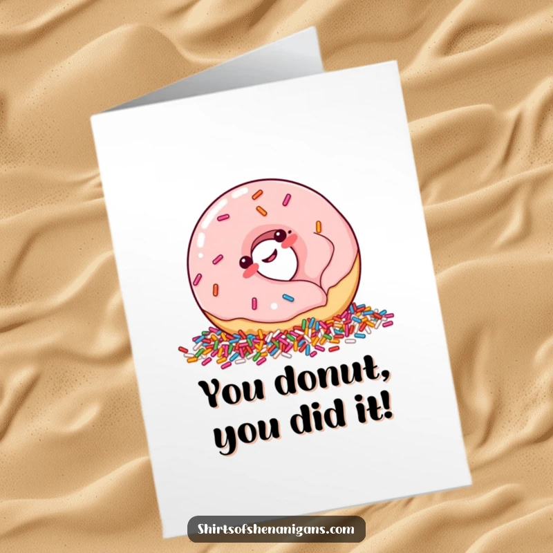 Funny Free Printable Congratulations Card: A plump donut giggles as it rolls into a vibrant mound of sprinkles.