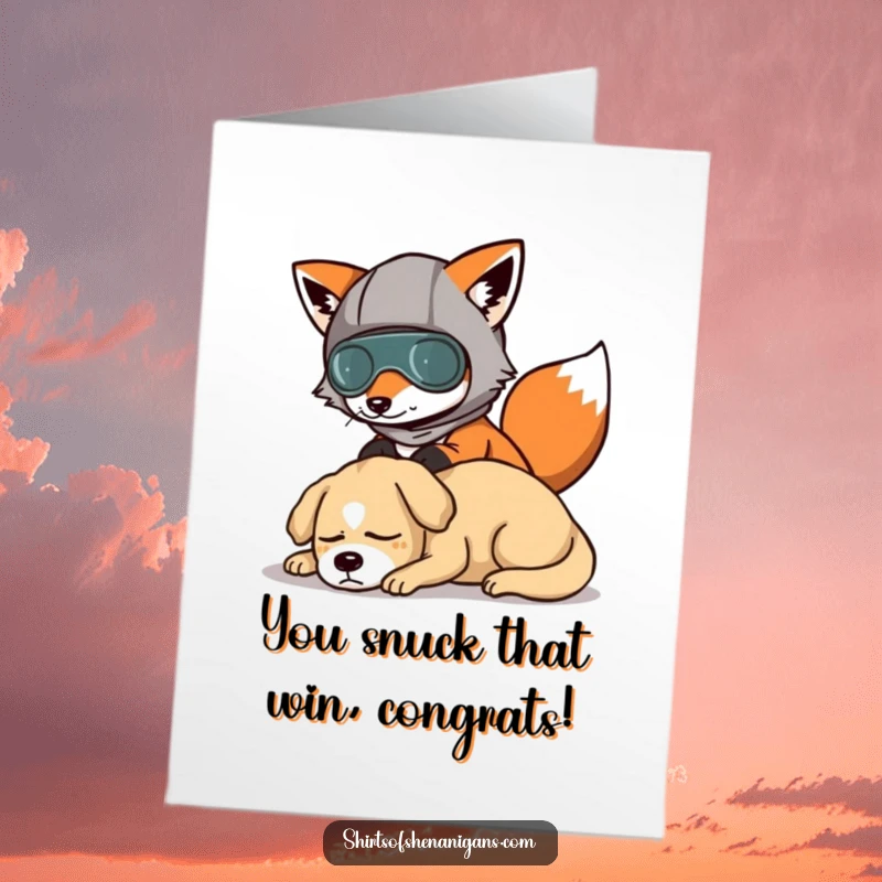 Funny Free Printable Congratulations Card: A sneaky fox in disguise celebrates a success, perfect for any proud moment.