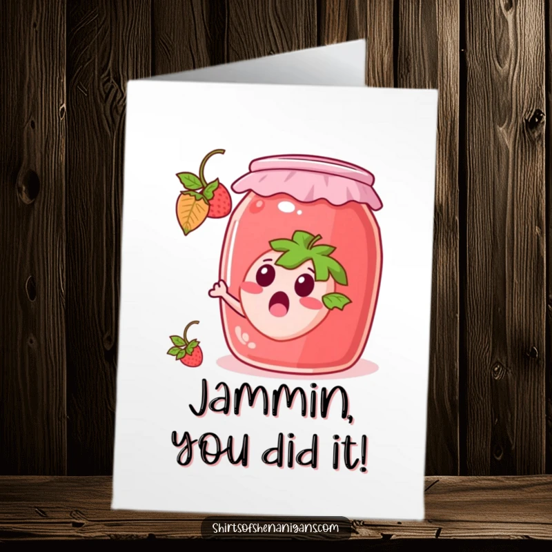 Funny Free Printable Congratulations Card: A surprised strawberry makes a daring escape attempt from a massive jam jar.