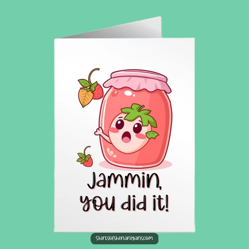 Free Printable Strawberry Congrats Card: Escaping Fruit, Jam Jar, Funny Downloadable