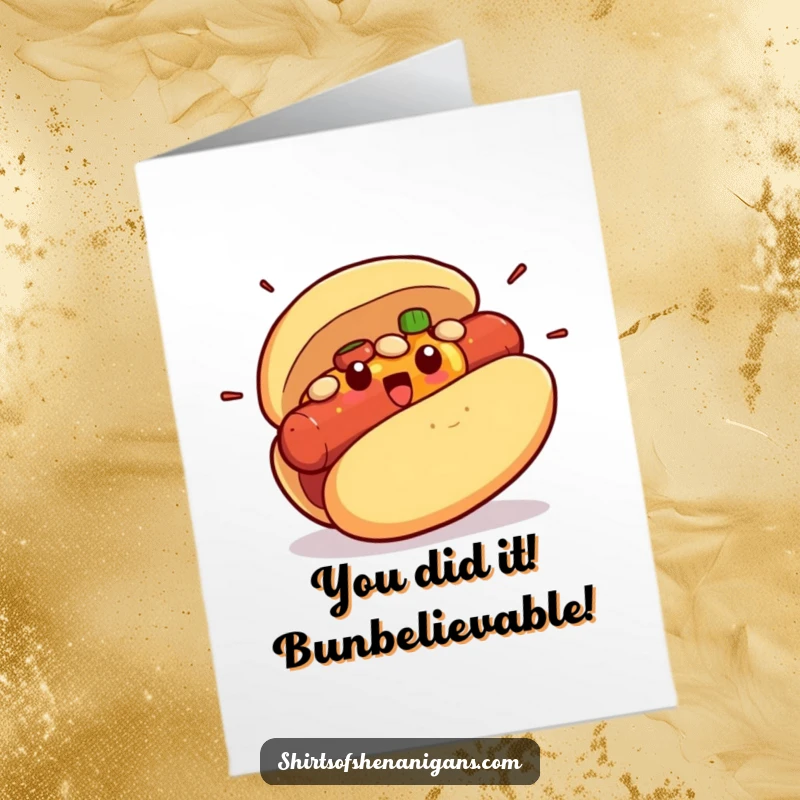 Funny Free Printable Congratulations Card: A hot dog bun surprised by its condiment filling, celebrating success.