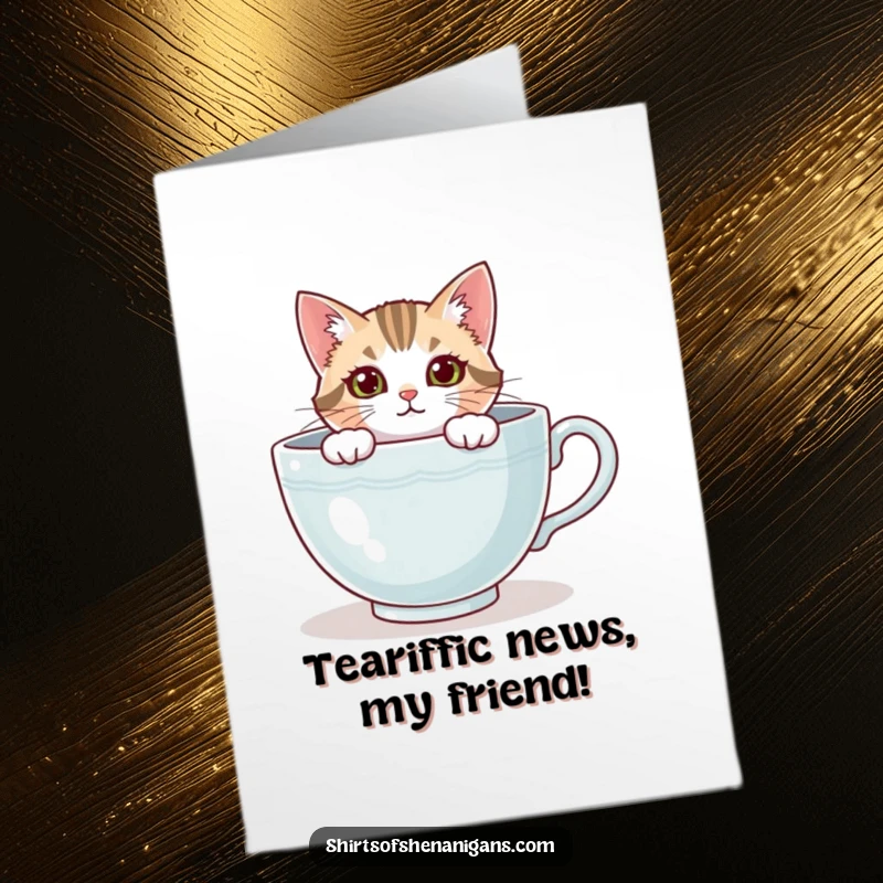 Funny Free Printable Congratulations Card: Cat curiously peeks out from a large teacup, offering congratulations with a smile.