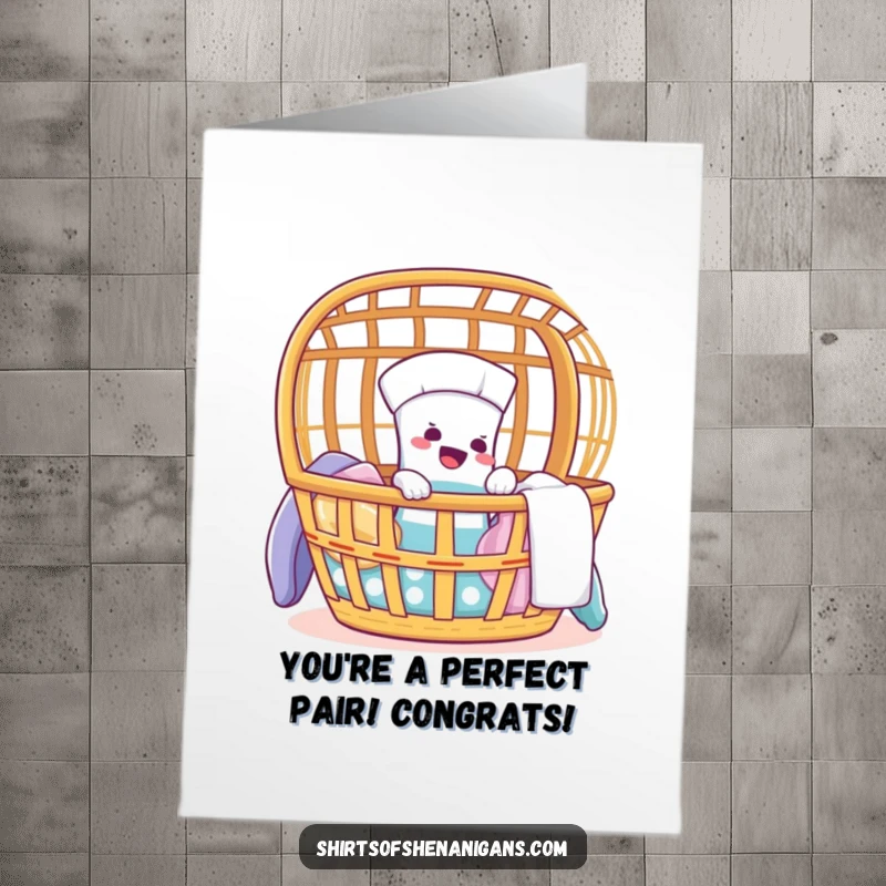 Funny Free Printable Congratulations Card: Giggling sock humorously tries to escape a laundry basket, celebrating freedom.
