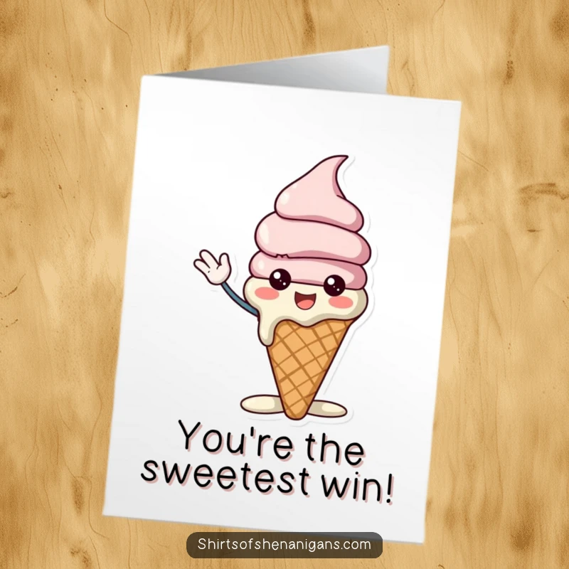 Funny Free Printable Congratulations Card: A melting ice cream cone waving enthusiastically to celebrate achievements.