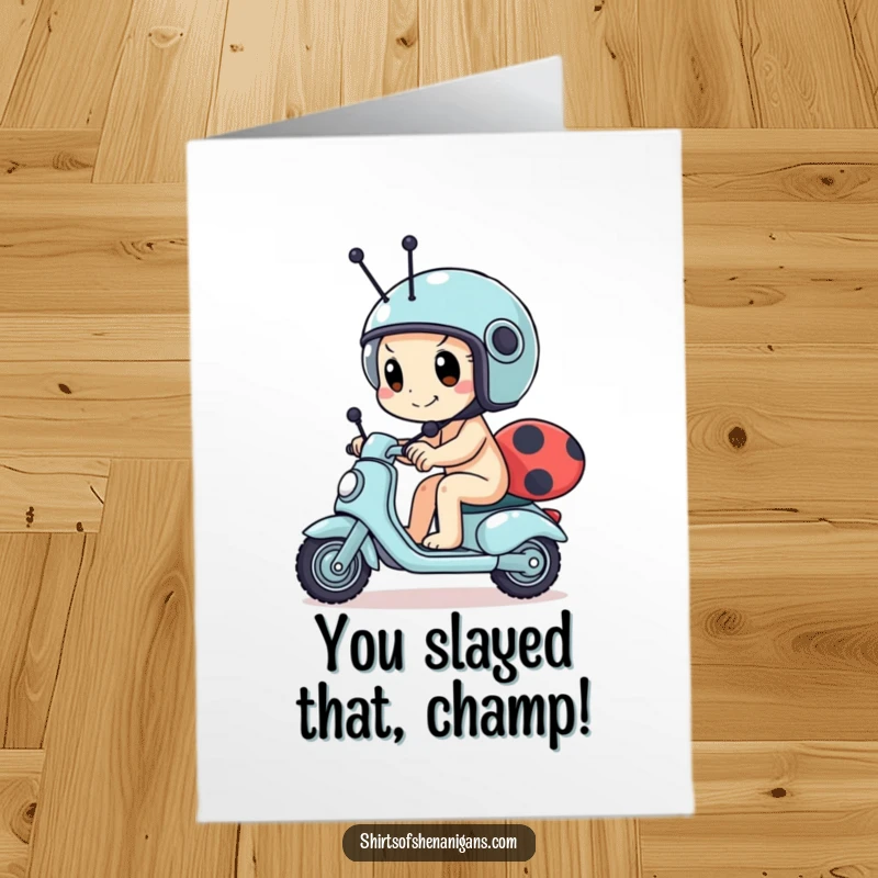 Funny Free Printable Congratulations Card: Determined snail in a helmet racing a ladybug scooter towards success.