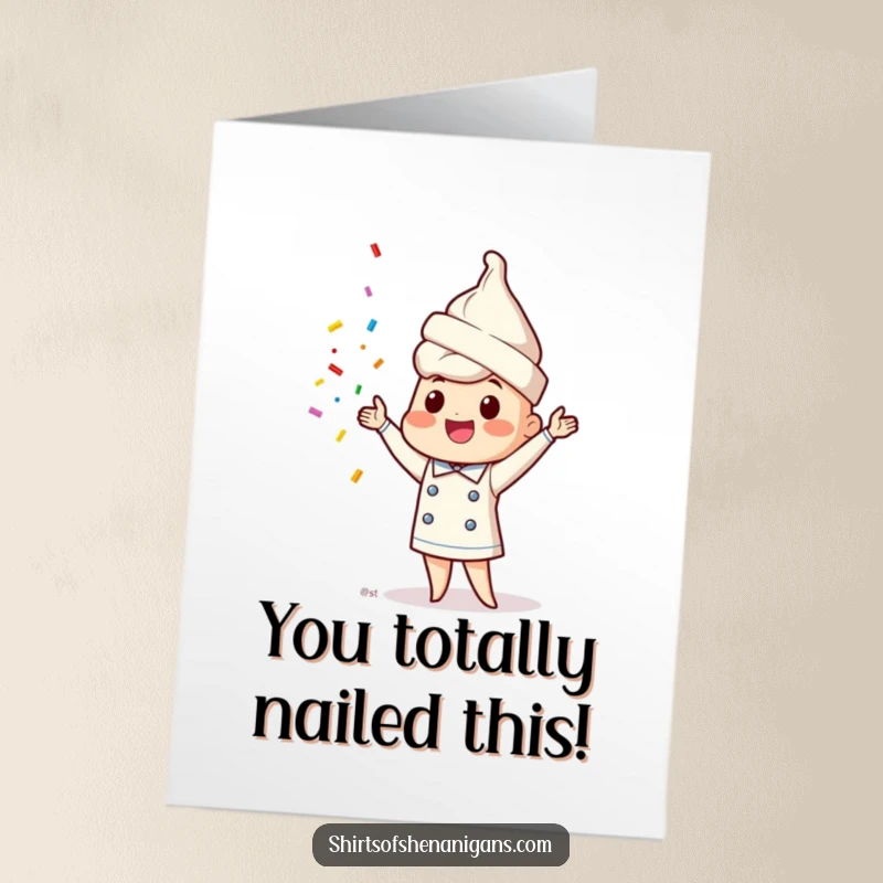 Funny Free Printable Congratulations Card featuring a happy ice cream cone chef attempting to juggle sprinkles, celebrating success with a sweet flourish.