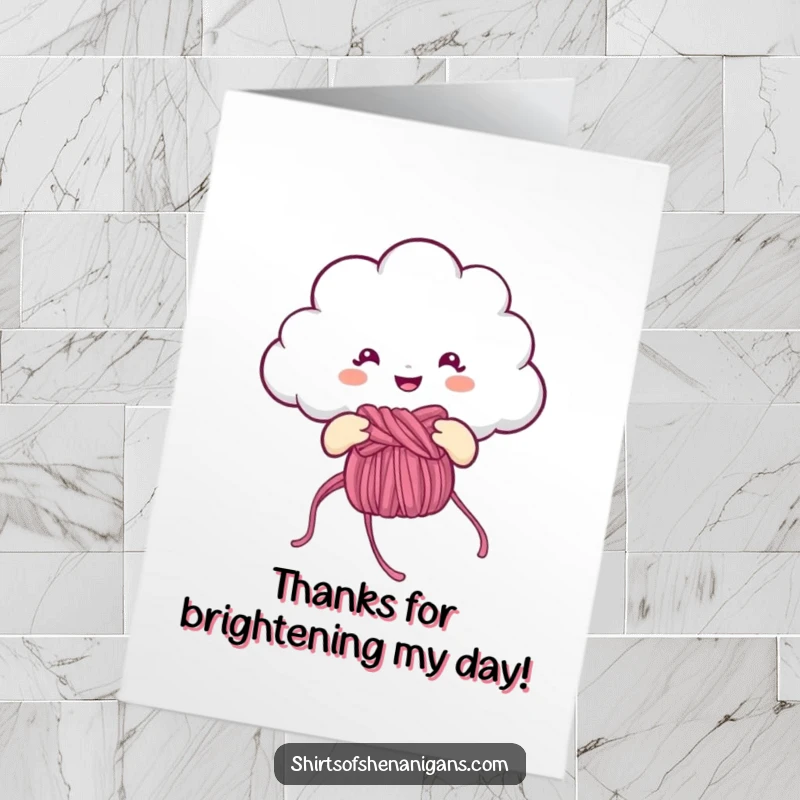Funny Free Printable Thank You Card: A happy cloud is knitting a beautiful rainbow, symbolizing gratitude and warmth.
