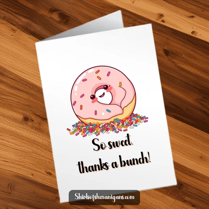 Funny Free Printable Thank You Card: A plump donut happily giggles while rolling into a generous pile of colorful sprinkles.