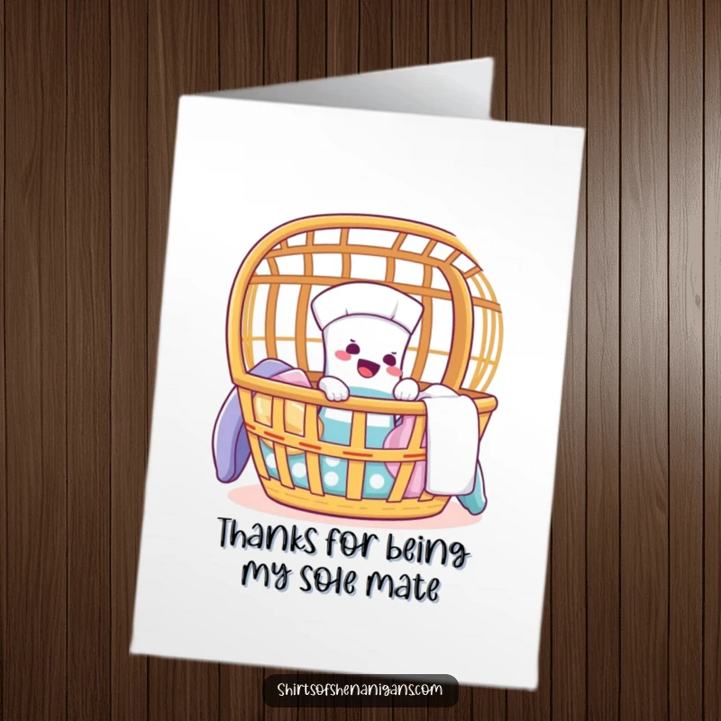 Funny Free Printable Thank You Card: Giggling sock humorously tries to escape a laundry basket, expressing thanks.