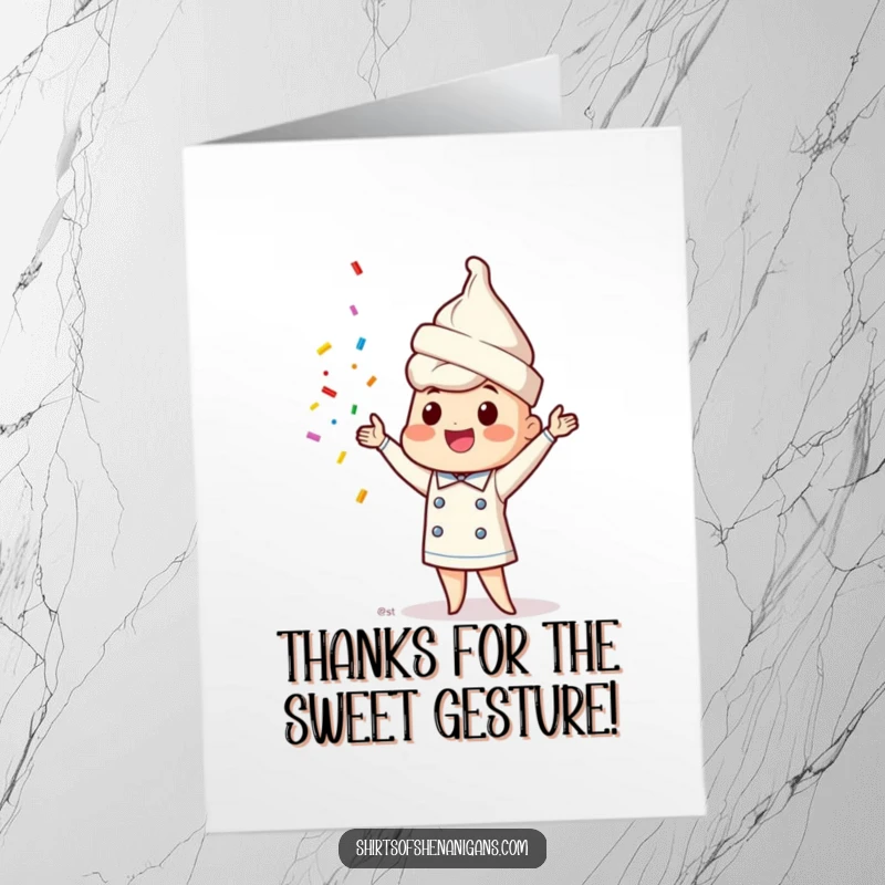 Funny Free Printable Thank You Card with a happy ice cream cone chef juggling sprinkles, a charming way to express thanks.