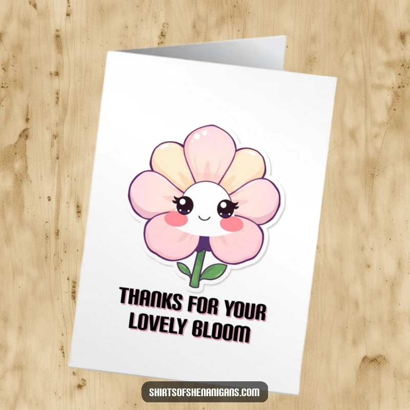 Funny Free Printable Thank You Card showing a shy flower with a gentle smile, perfect for a sweet, downloadable expression of thanks.