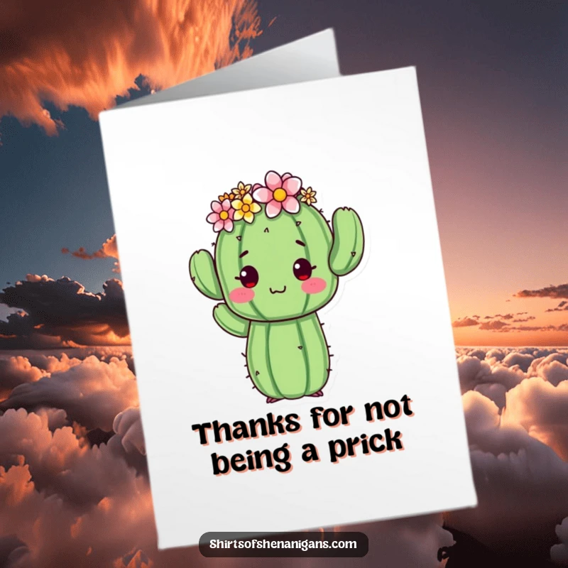 Funny Free Printable Thank You Card: Awkward cactus in a flower crown, expressing gratitude with a quirky pose.