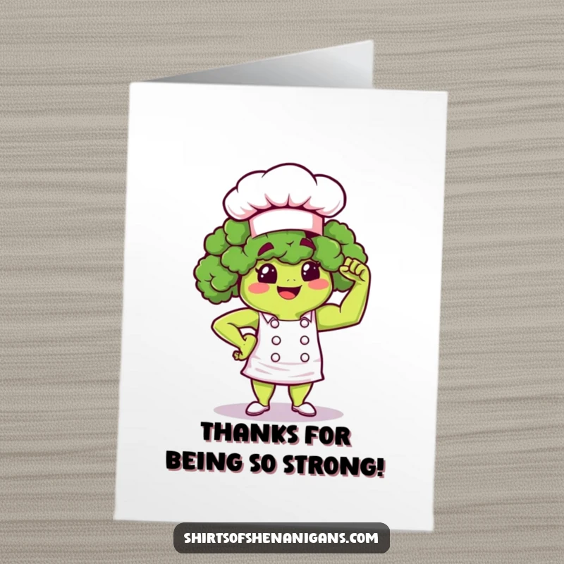 Funny Free Printable Thank You Card of a proud broccoli chef flexing a tiny muscle, giving a hearty thank you.
