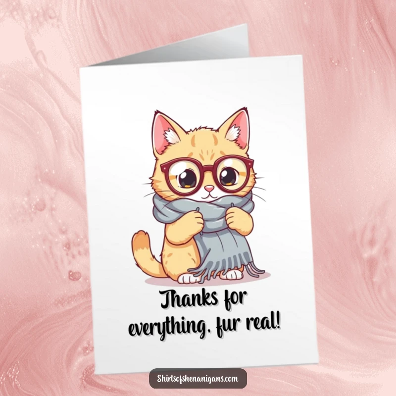 Funny free printable thank you card showing a cat wearing large reading glasses, knitting an enormous scarf as a thank you.