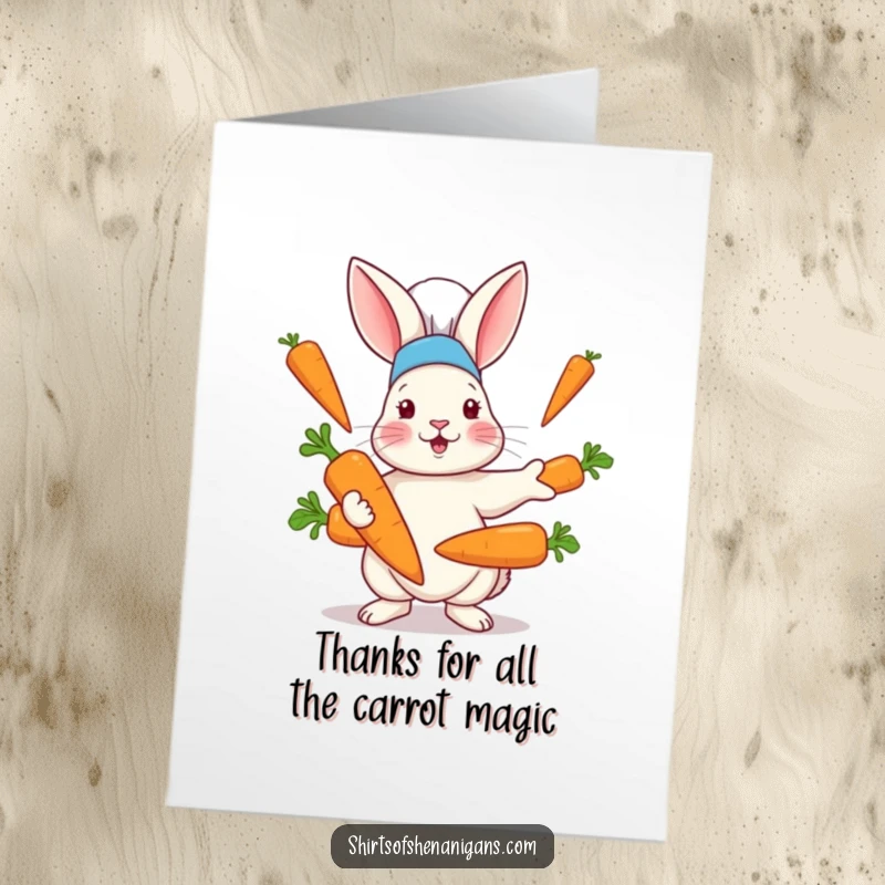 Funny Free Printable Thank You Card: A rabbit chef juggles giant carrots, a whimsical way to say thank you.