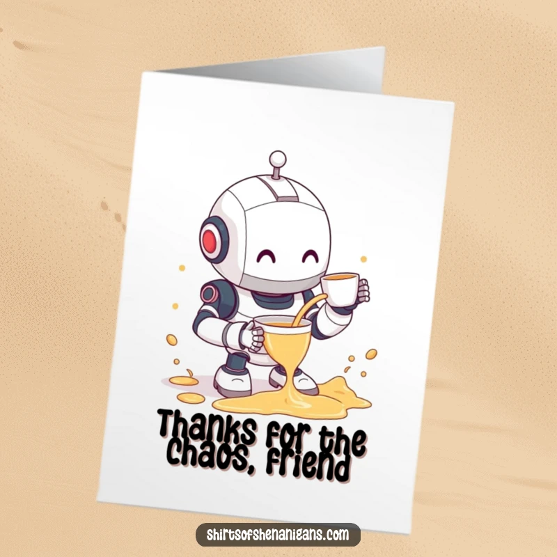 Funny Free Printable Thank You Card: Clumsy robot shyly offering tea but spilling it everywhere with a grin.