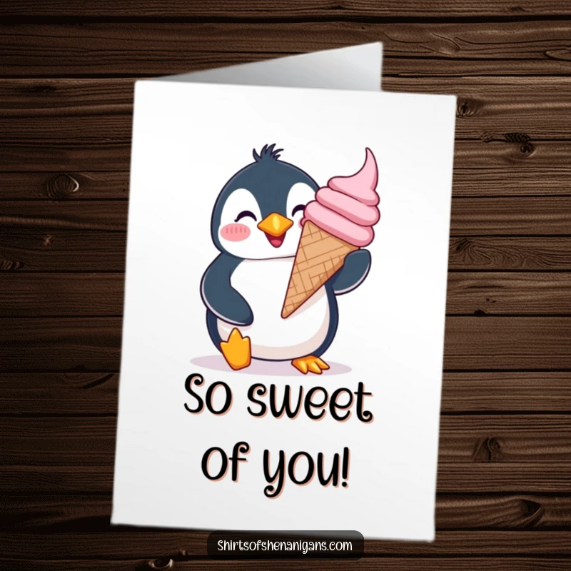 Funny Free Printable Thank You Card: Giddy penguin grinning with a giant ice cream, perfect for a sweet thank you, DIY.