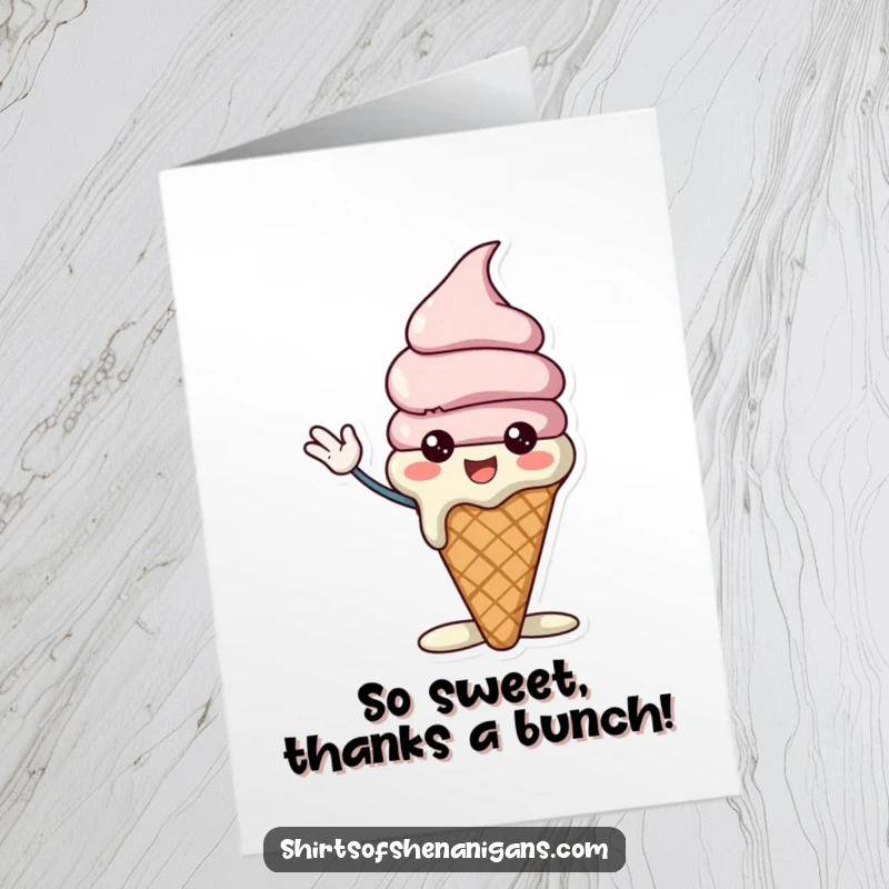 Funny Free Printable Thank You Card: Cheerful melting ice cream cone waving excitedly to say thank you.