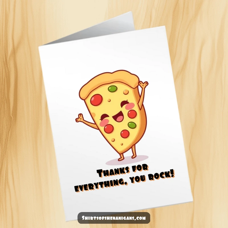 Funny Free Printable Thank You Card: A smiling pizza slice doing a cartwheel, offering a fun, cheesy, and unique way to say thanks.