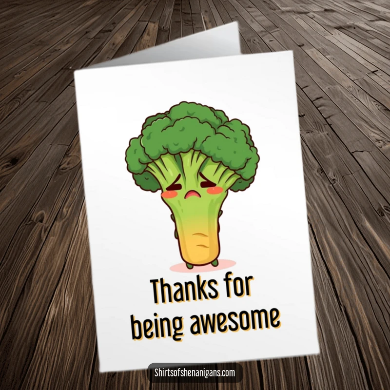 Funny Free Printable Thank You Card: a shy broccoli stalk hiding behind a carrot, humorously saying thank you.