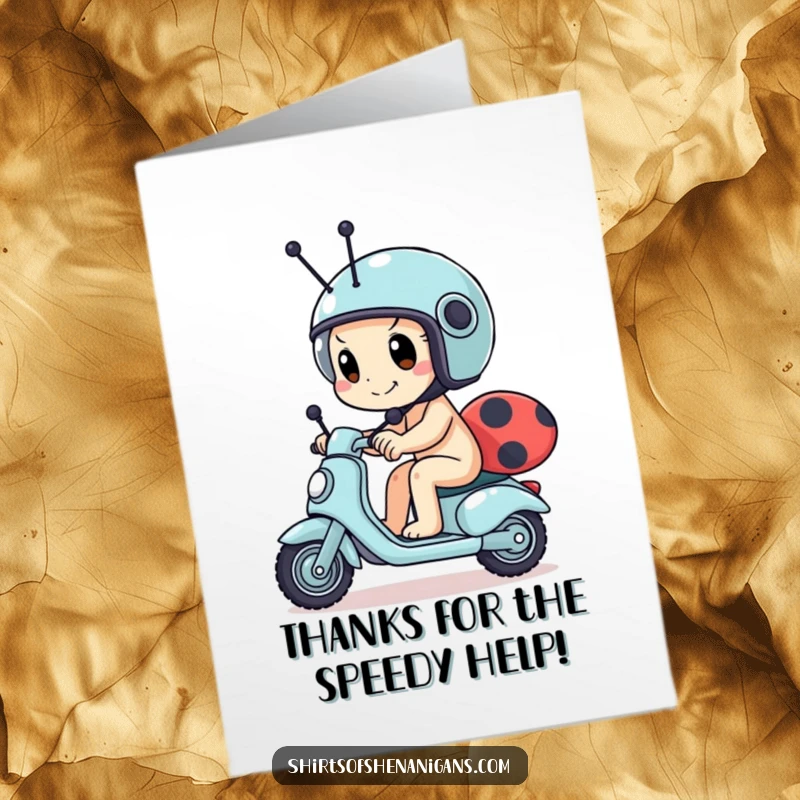 Funny Free Printable Thank You Card: Determined snail wearing a helmet, racing a ladybug scooter to say thank you.