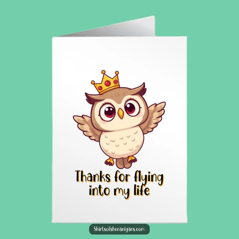 Free Printable Thank You Card: Surprised Owl Crown Flying - Humorous Downloadable Gift