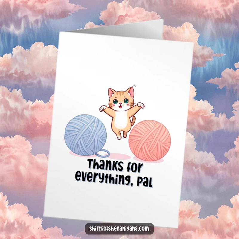 Funny Free Printable Thank You Card: Cat performs an elegant leap between yarn balls, a playful way to send thanks.
