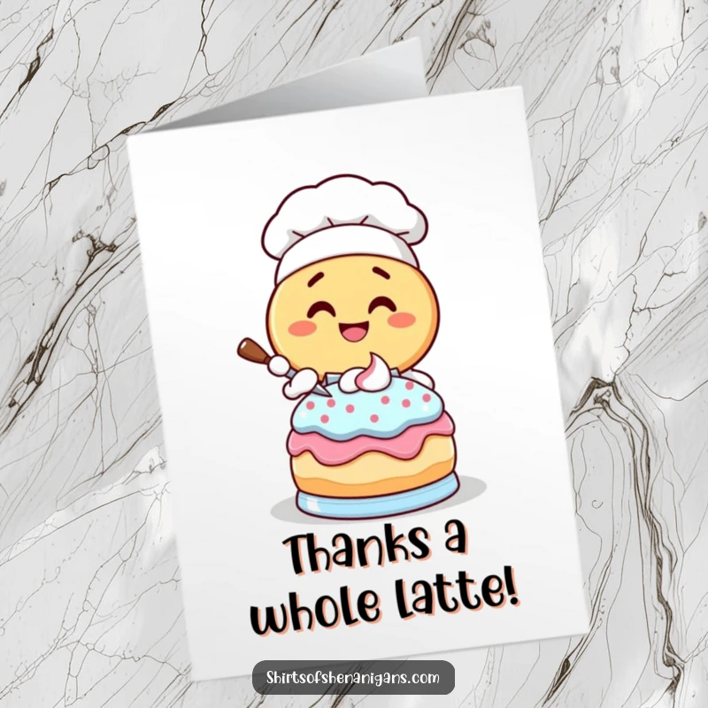 Funny Free Printable Thank You Card featuring a giggling donut chef energetically frosting a cake, offering sugary thanks.