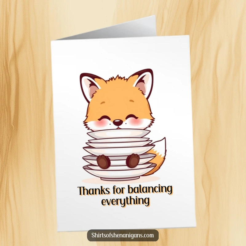Funny Free Printable Thank You Card: Cute fox cub balancing plates, expressing thanks, downloadable art.