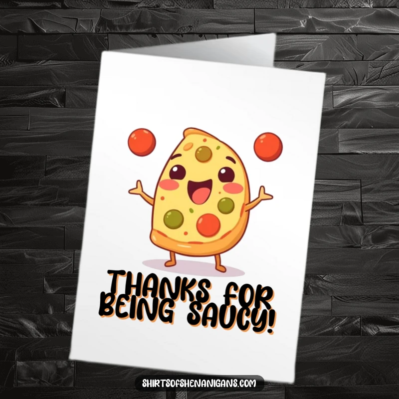 Funny Free Printable Thank You Card: A cheerful pizza slice juggles three little meatballs, a delightful culinary feat.