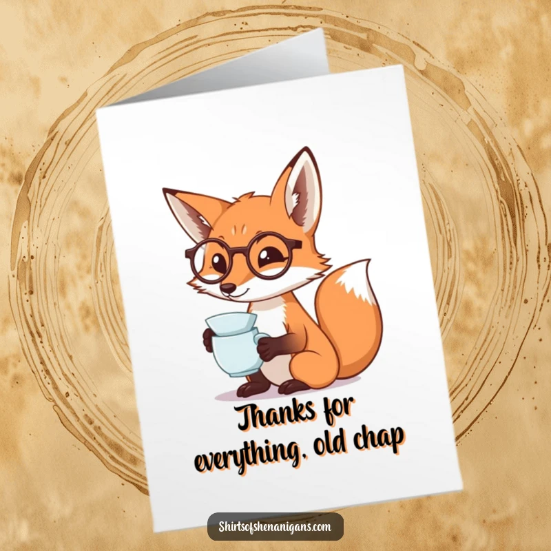 Funny Free Printable Thank You Card: A fox wearing a monocle dramatically sips tea, conveying elegant thanks. A downloadable expression of appreciation.