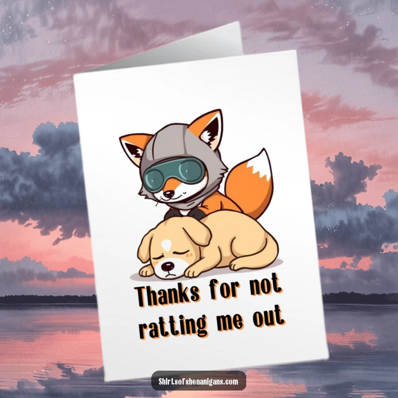 Funny Free Printable Thank You Card: A disguised fox silently expresses gratitude, a unique way to say thanks.