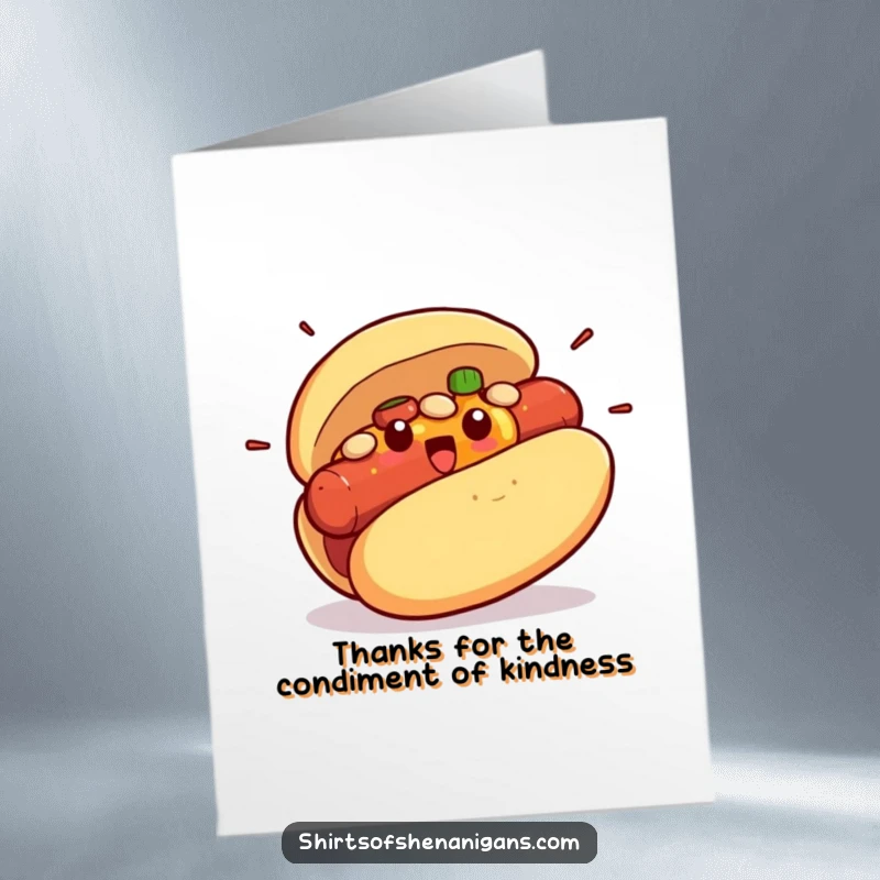 Funny Free Printable Thank You Card: A surprised hot dog bun overflowing with condiments, showing appreciation.