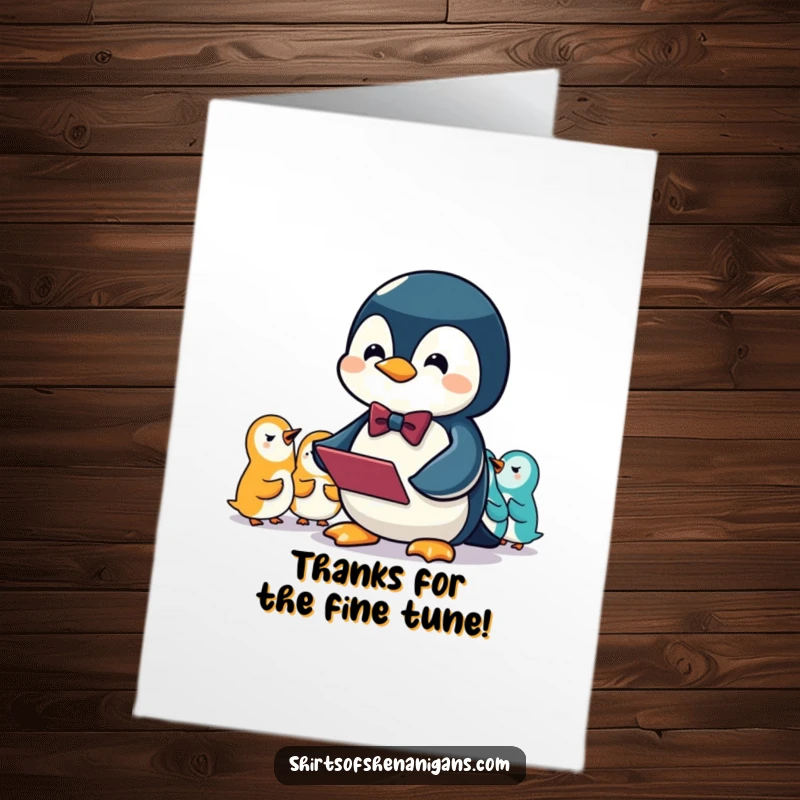 Funny Free Printable Thank You Card of a penguin wearing a bowtie, trying to conduct an orchestra of squeaks with heartfelt thanks.