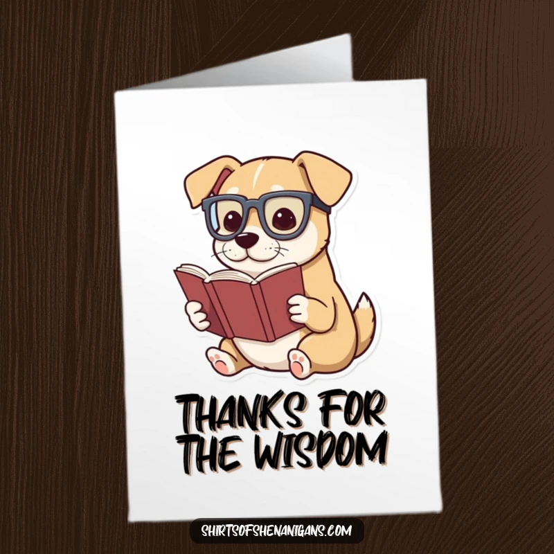 Funny free printable thank you card featuring a dog in glasses dramatically reading a tiny book to express heartfelt thanks.