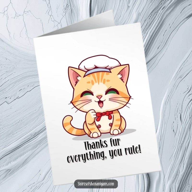 Funny Free Printable Thank You Card of a playful cat chef batting at a whisker, offering charming, quirky thanks.