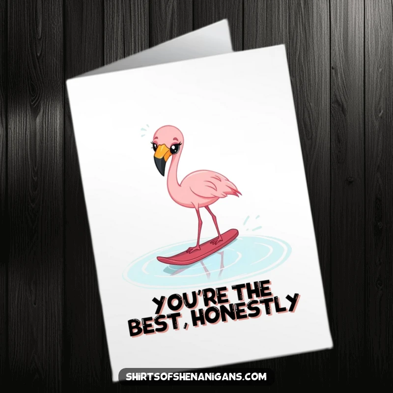 Funny Free Printable Thank You Card: Startled flamingo cross-eyed water skiing on a puddle, perfect for a quirky thank you, DIY.