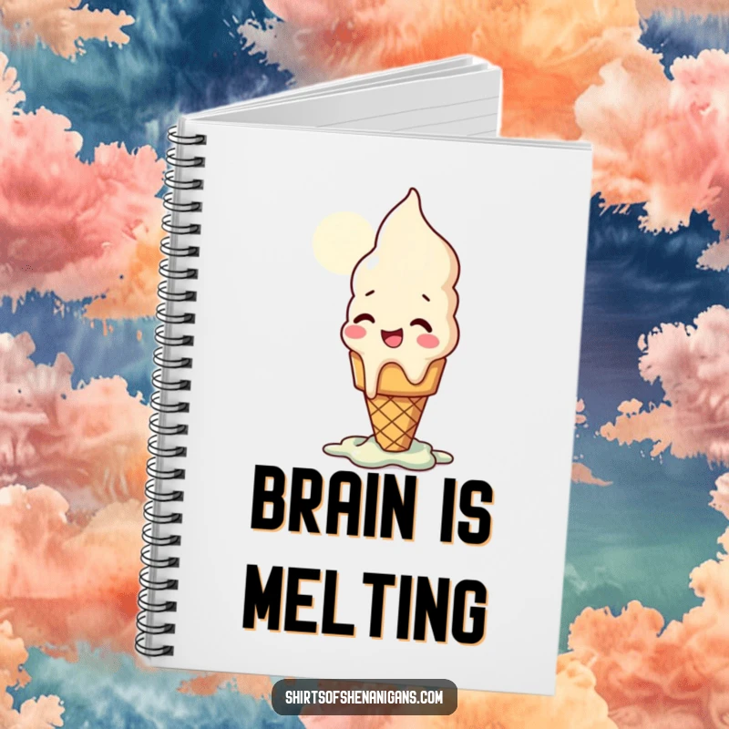 Funny notebook cover with a giggling ice cream cone melting in the sun, a sweet stationery design.