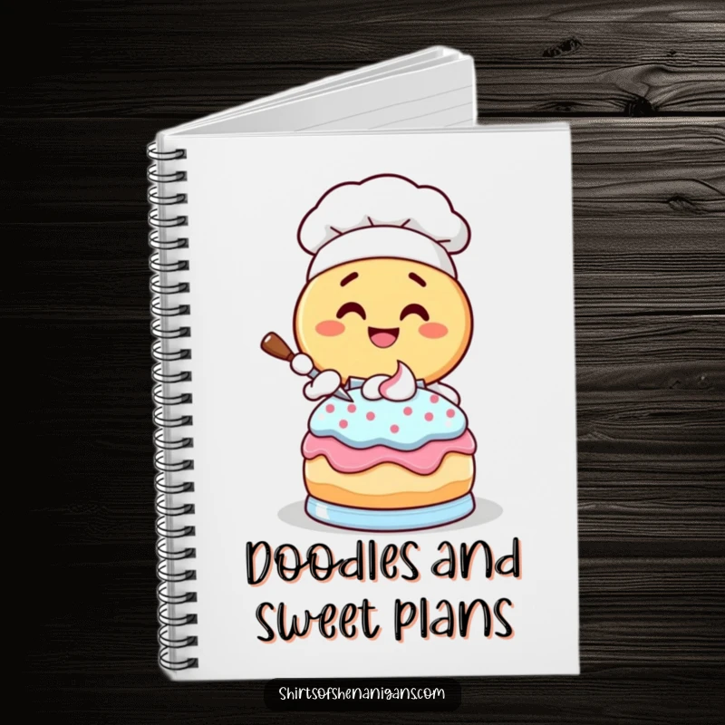 Funny Donut Chef Notebook: Giggling donut character frosting a cake, ideal for recipes and notes.