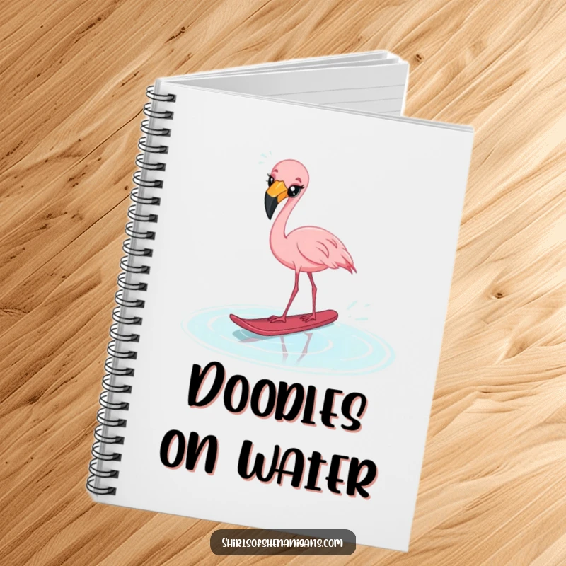 Funny startled flamingo notebook, cross-eyed and attempting water skiing on a puddle, for jotting funny ideas.