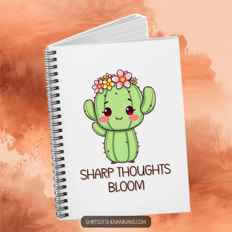 Funny cactus notebook featuring a proud cactus with a flower crown, in an awkward pose, perfect for note-taking and journaling.