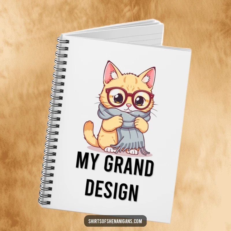 Funny Cat Knitting Notebook: A cat wearing oversized glasses tries to knit a huge scarf, ideal for jotting down funny crafting ideas.