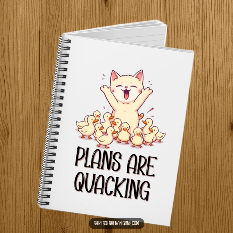 Funny notebook featuring a chaotic cat herding ducks, perfect for jotting notes and a fun, funny gift.