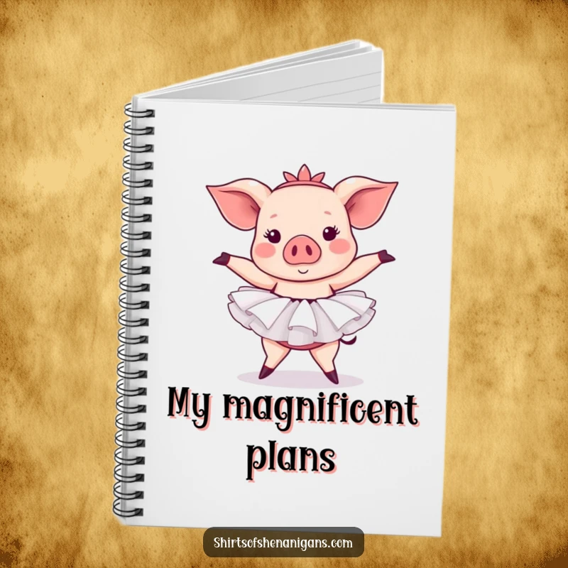 Funny pig ballet notebook with a pig in a tutu attempting a ballet pose, perfect for humorous journaling.