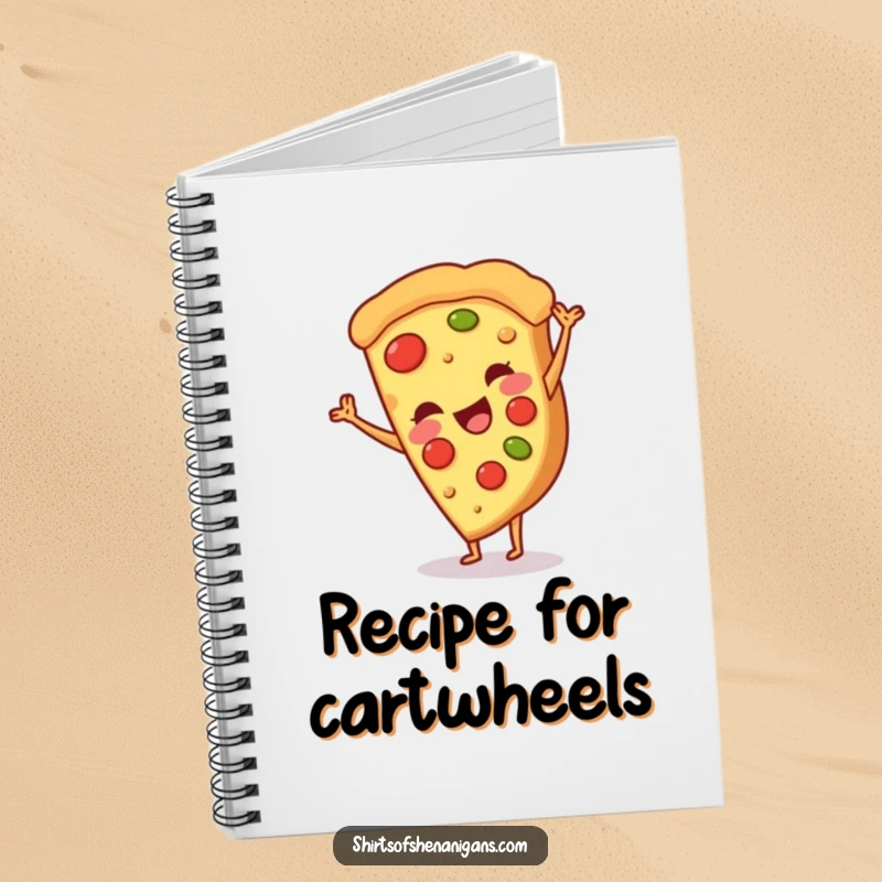 Funny notebook with a smiling pizza slice doing a cartwheel, perfect for foodies and a fun, funny gift.