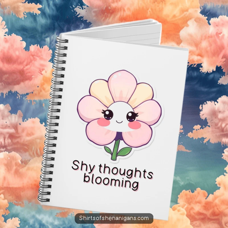 Funny notebook cover with a shy flower smiling gently, perfect for jotting notes with a touch of sweet, introverted humor.