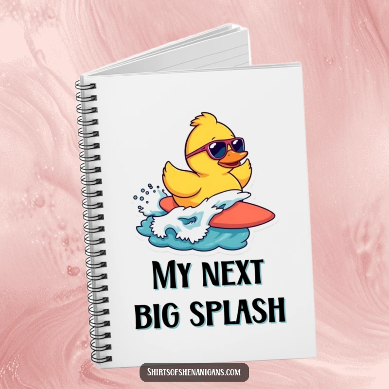 Funny notebook with a cool rubber duck wearing sunglasses surfing a wave, perfect for capturing bright ideas.
